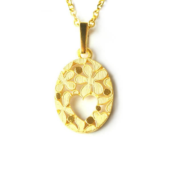 オーバル型 ハートとフラワー 純金ペンダント