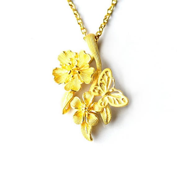 可憐に咲く花と蝶モチーフ 純金ペンダント｜レディース,ペンダント商品
