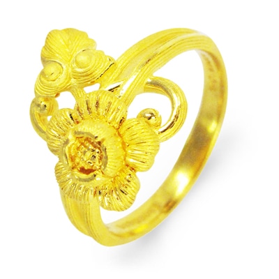 オリエンタル調の花と個性的なリーフ 純金リング