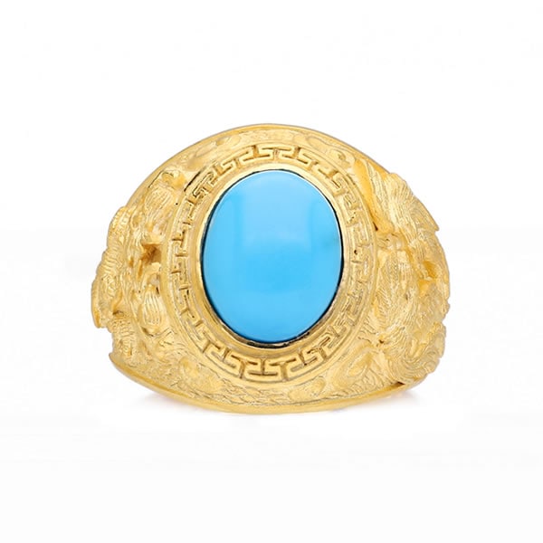 ＜メンズ＞鳳凰と龍モチーフ ターコイズ 純金リング