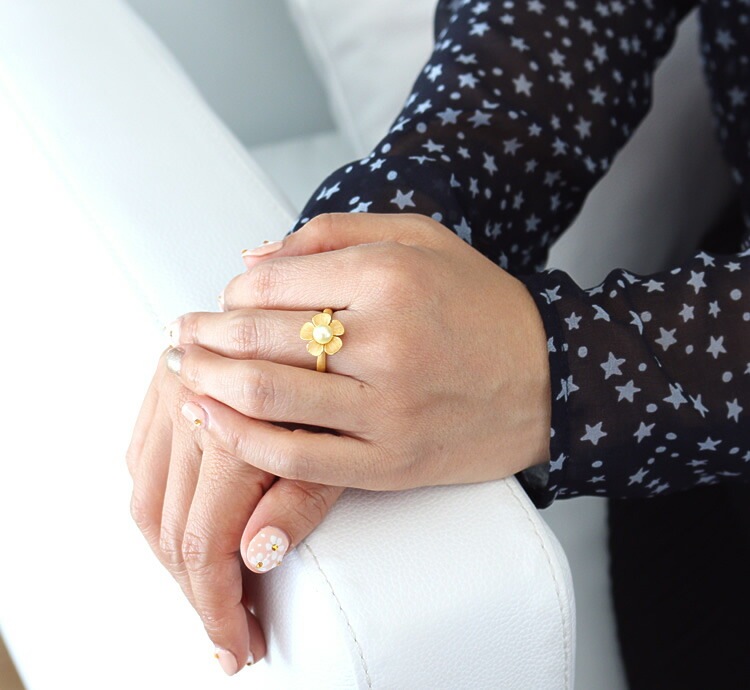 一粒パール フラワー 純金リング