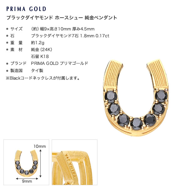 <メンズ>ブラックダイヤモンド ホースシュー 純金ペンダント(ネックレス紐付)
