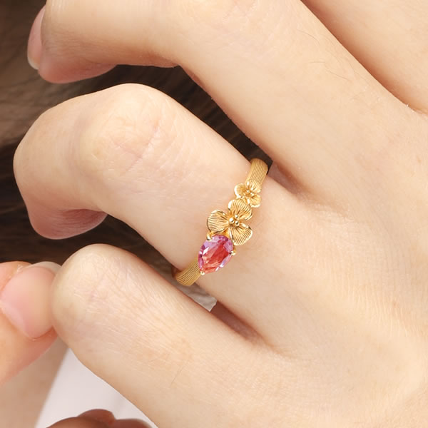 ピンクトルマリン 花柄 純金リング