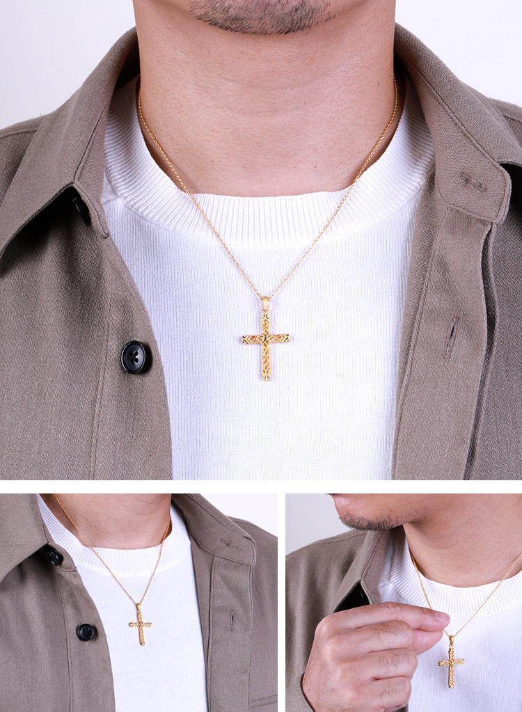 <メンズ>アラベスク調のクロスモチーフ 純金ペンダント(ネックレス紐付き)