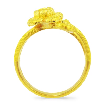 オリエンタル調の花と個性的なリーフ 純金リング