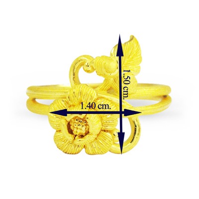 オリエンタル調の花と個性的なリーフ 純金リング