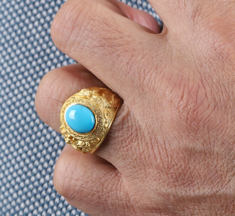 ＜メンズ＞鳳凰と龍モチーフ ターコイズ 純金リング
