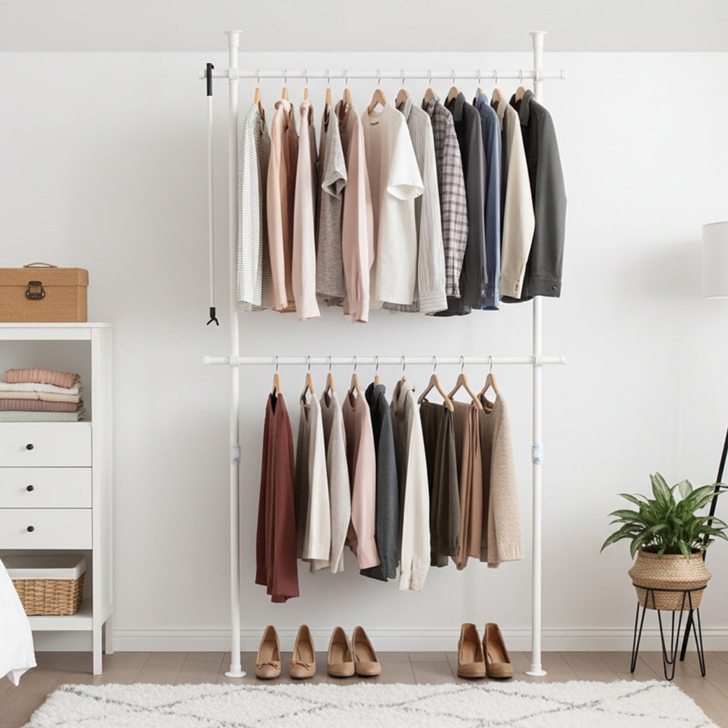 ❤特大容量で超超大収納❣高耐荷重50kg＆安定感抜群♪❤ハンガーラック 簡単】ワンタッチ式突っ張りポールハンガーラック2段 高140-280cm 幅
