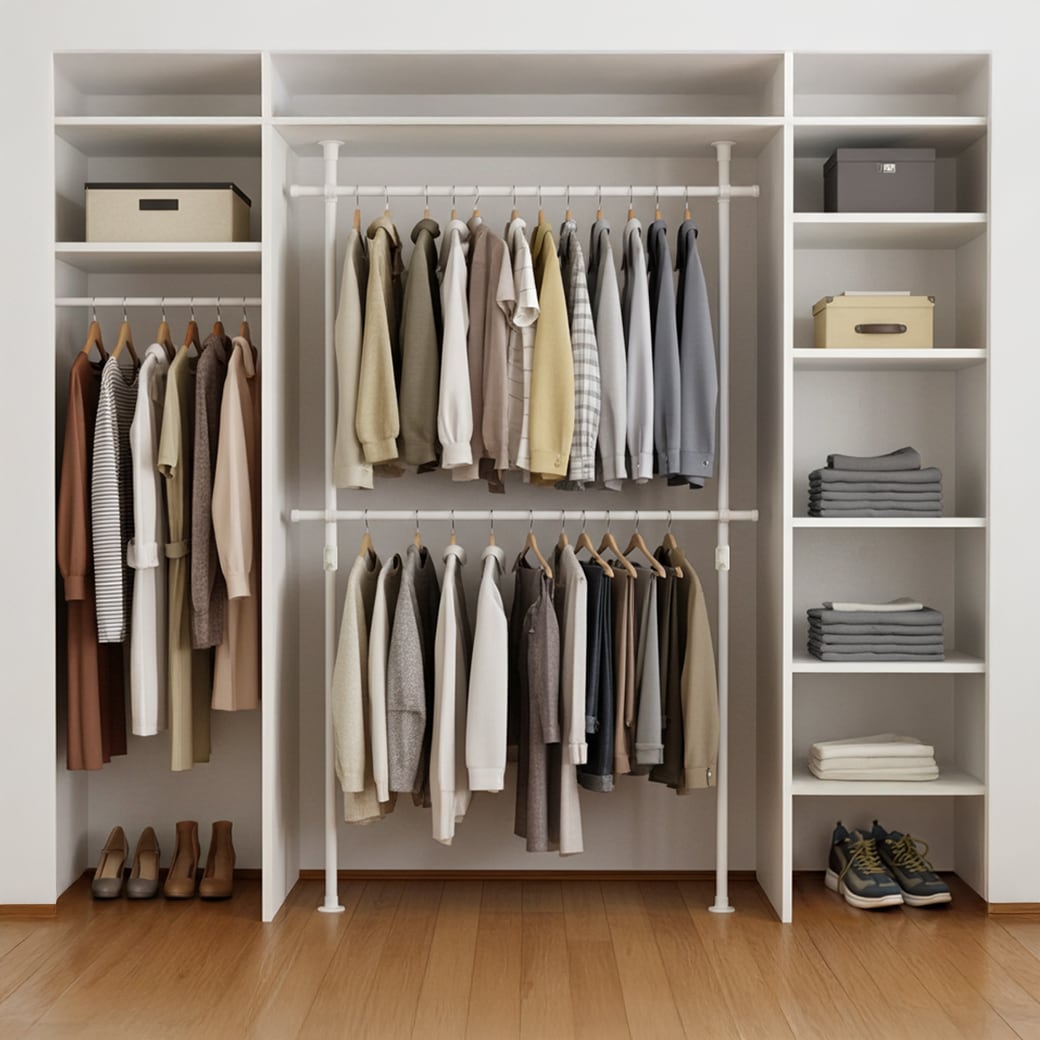 簡単】ワンタッチ式突っ張りポールハンガーラック2段 高140-280cm 幅