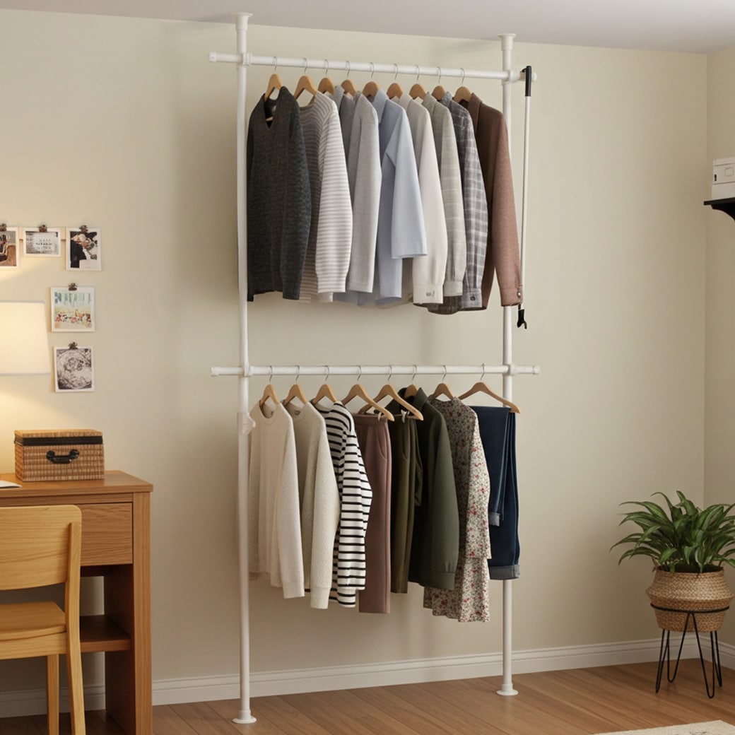 簡単】ワンタッチ式突っ張りポールハンガーラック2段 高140-280cm 幅