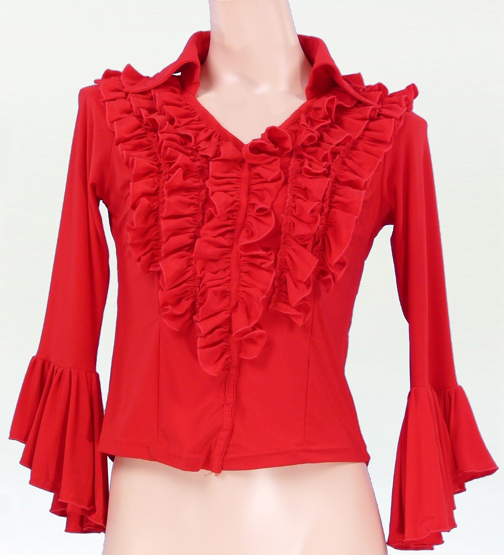 フラメンコ シャツカラー フリルブラウス レッド 842r | □フラメンコ