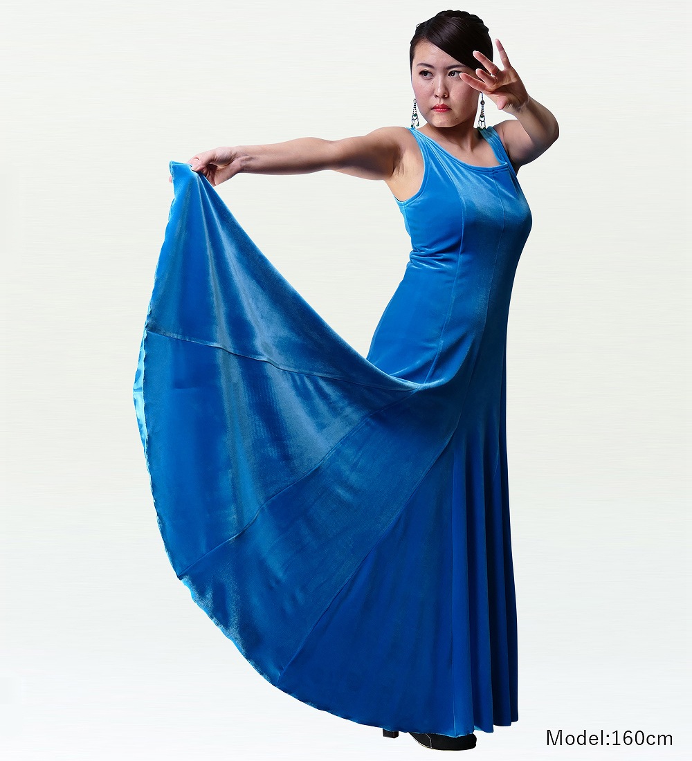 フラメンコ衣装 ワンピース ブルー 綺麗なブルーに黒水玉、三角フリル