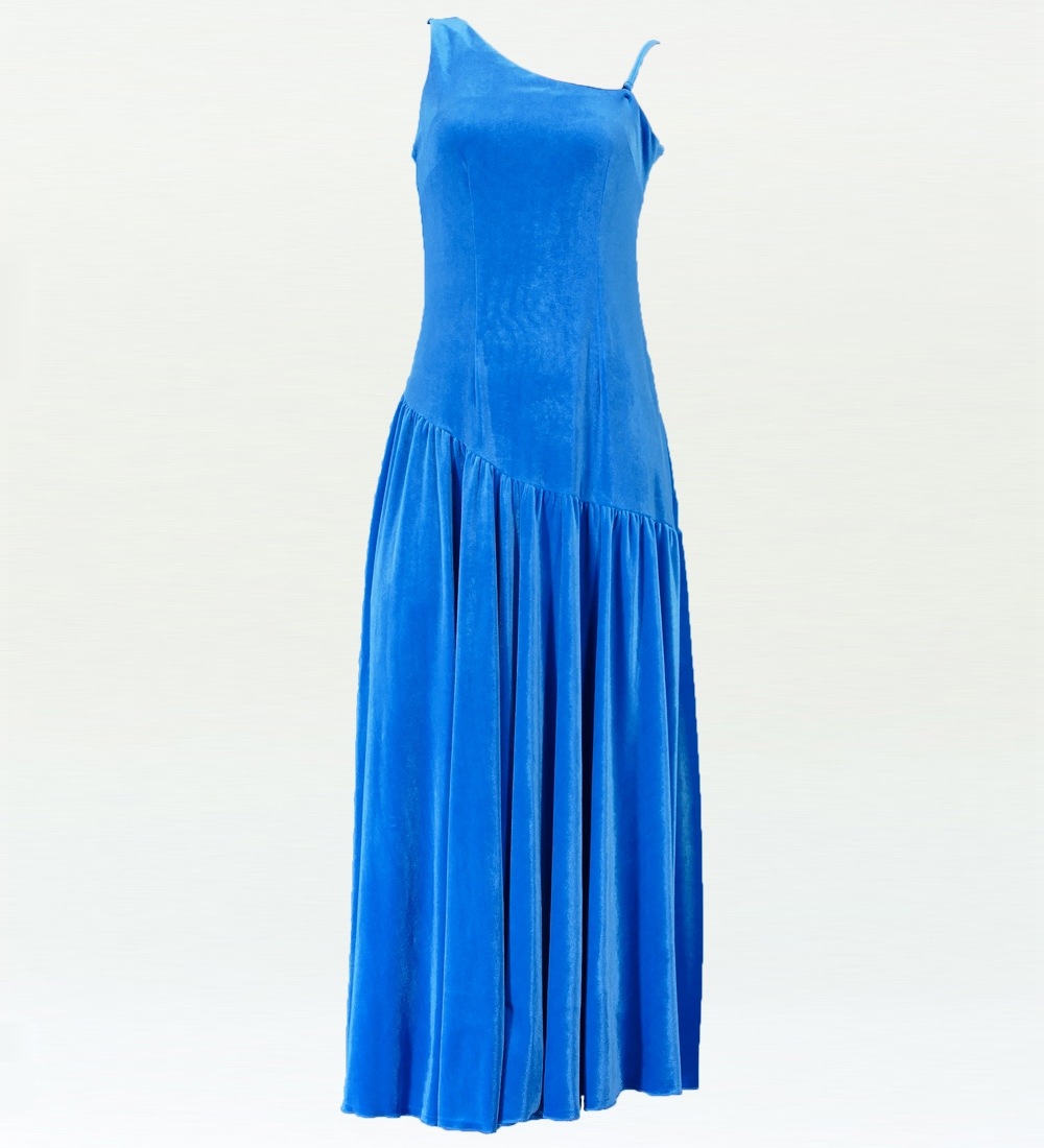 フラダンス ベルベット ワンショルダー ベルベット ドレス ブルー