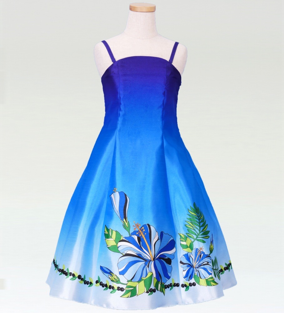 ケイキ グラデーションハイビスカスシャンタンドレス ブルー