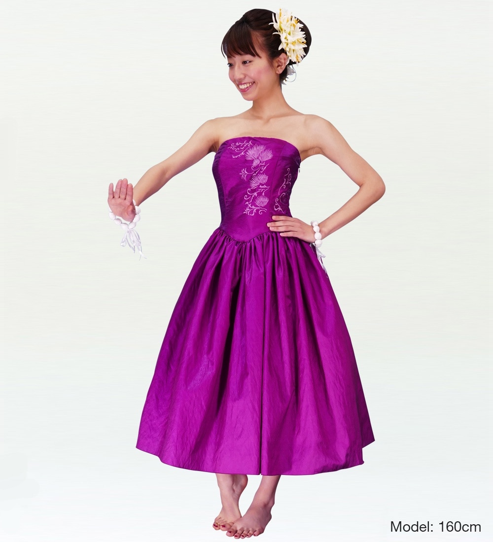フラダンスドレス ムームードレス 紫色 バラ模様 レイ付き フラダンス