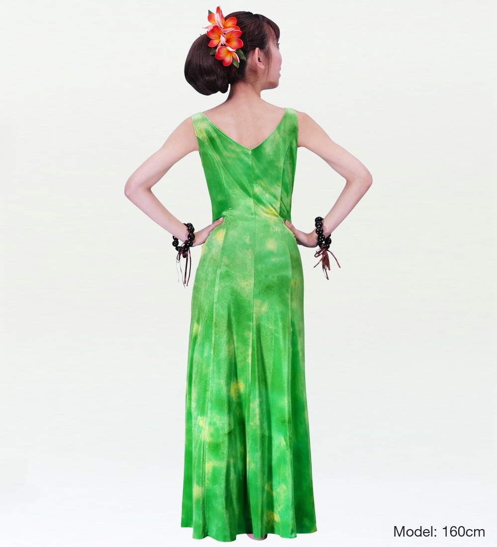 グラデーショングリーンベルベットドレス　アロハスタンダード　M ロング丈】フラドレス ベルベット ボートネック グリーン