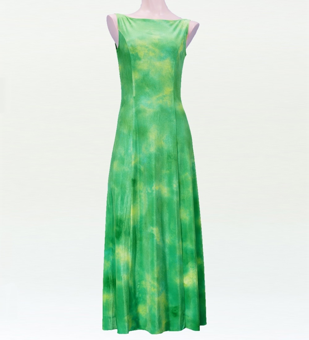 グラデーショングリーンベルベットドレス　アロハスタンダード　M ロング丈】フラドレス ベルベット ボートネック グリーン