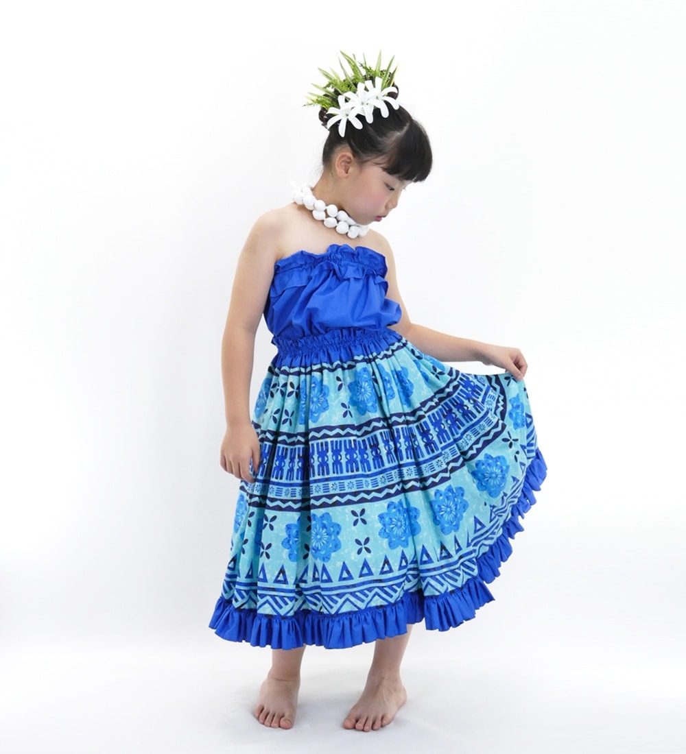 ◎50㎝　マウナロア　新品　子供　ケイキ　パウスカート　フラダンス　ブルー フラダンス衣装 ケイキ パウスカート 日本製 キッズ 子ども フラ