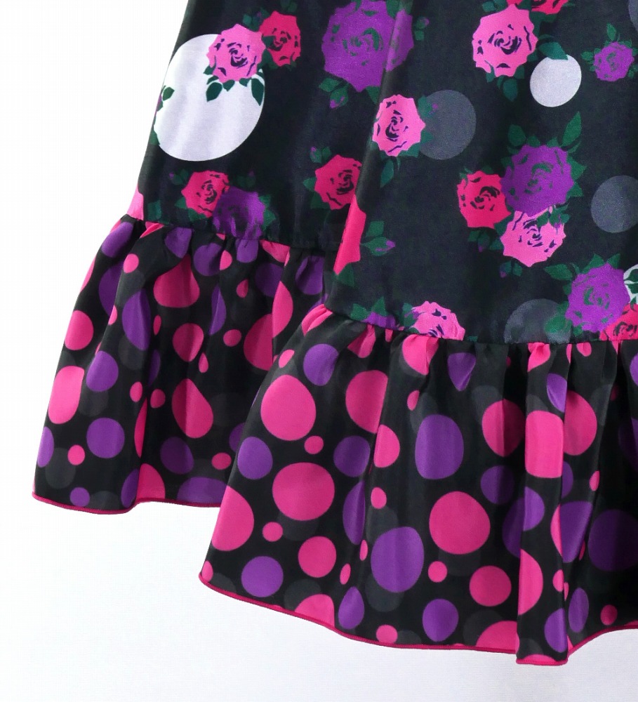 フラメンコ フリル ロングサーキュラースカート ローズ×水玉 ブラック