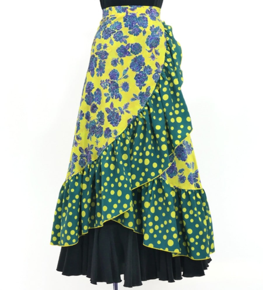 フラメンコ 巻きスカート ローズ×水玉 ダークイエロー×ターコイズ