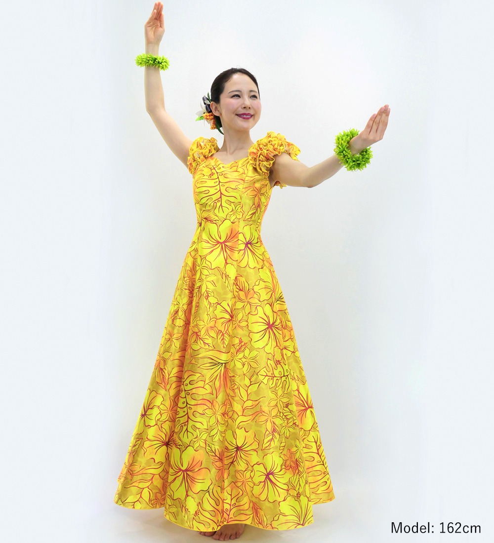 イエローレースドレス　パフスリーブ 高品質！明るいイエロー 黄色カラードレス 上品花レース 二段