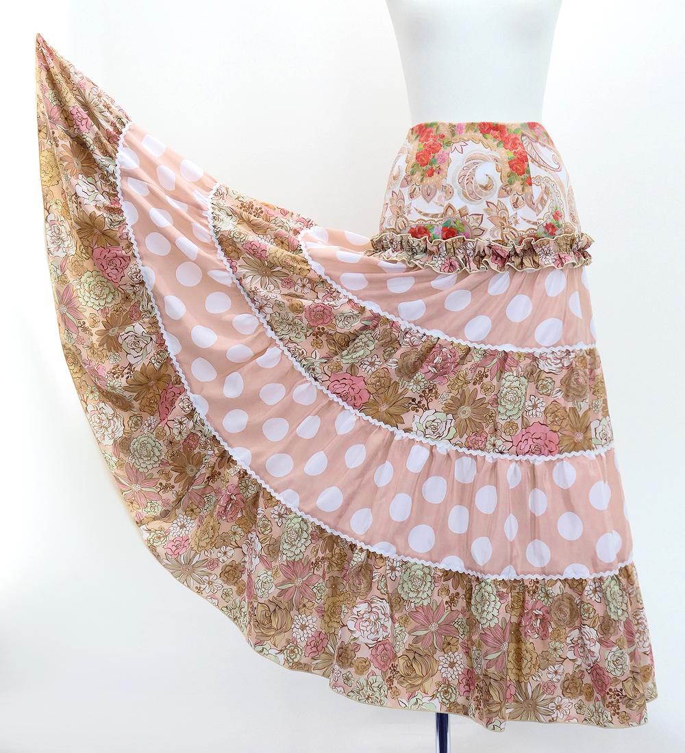 フラメンコ ティアードスカート モダンフラワー×水玉 ピンクベージュ