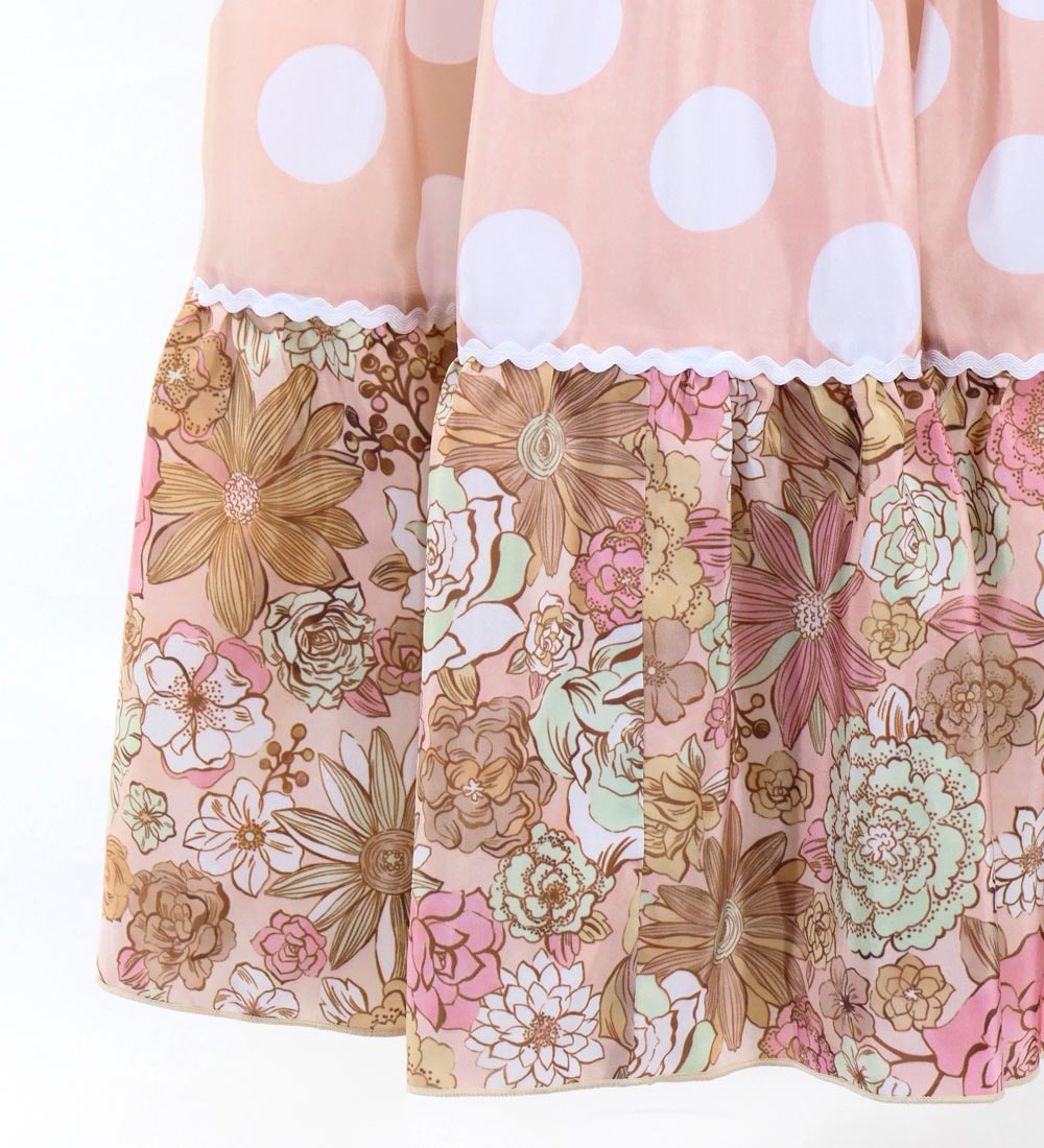 フラメンコ ティアードスカート モダンフラワー×水玉 ピンクベージュ