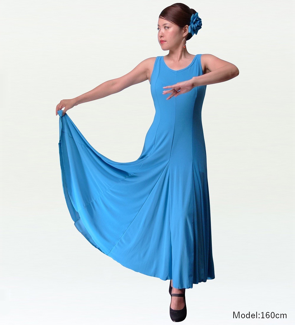 フラメンコ衣装 ワンピース ブルー 綺麗なブルーに黒水玉、三角フリル