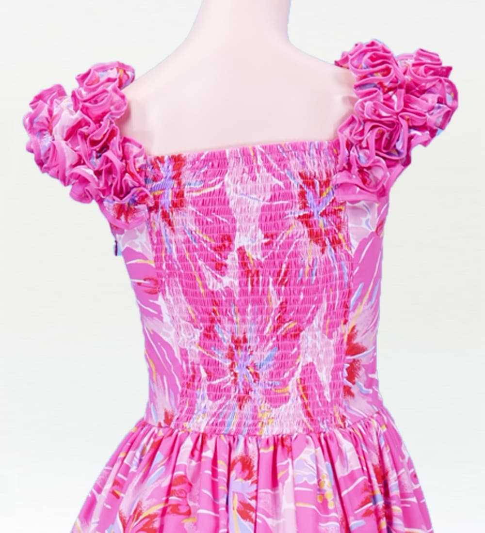 フラダンス　ピンクドレス フラダンス ムームー フロントドレープミディ丈ドレス ピンク F