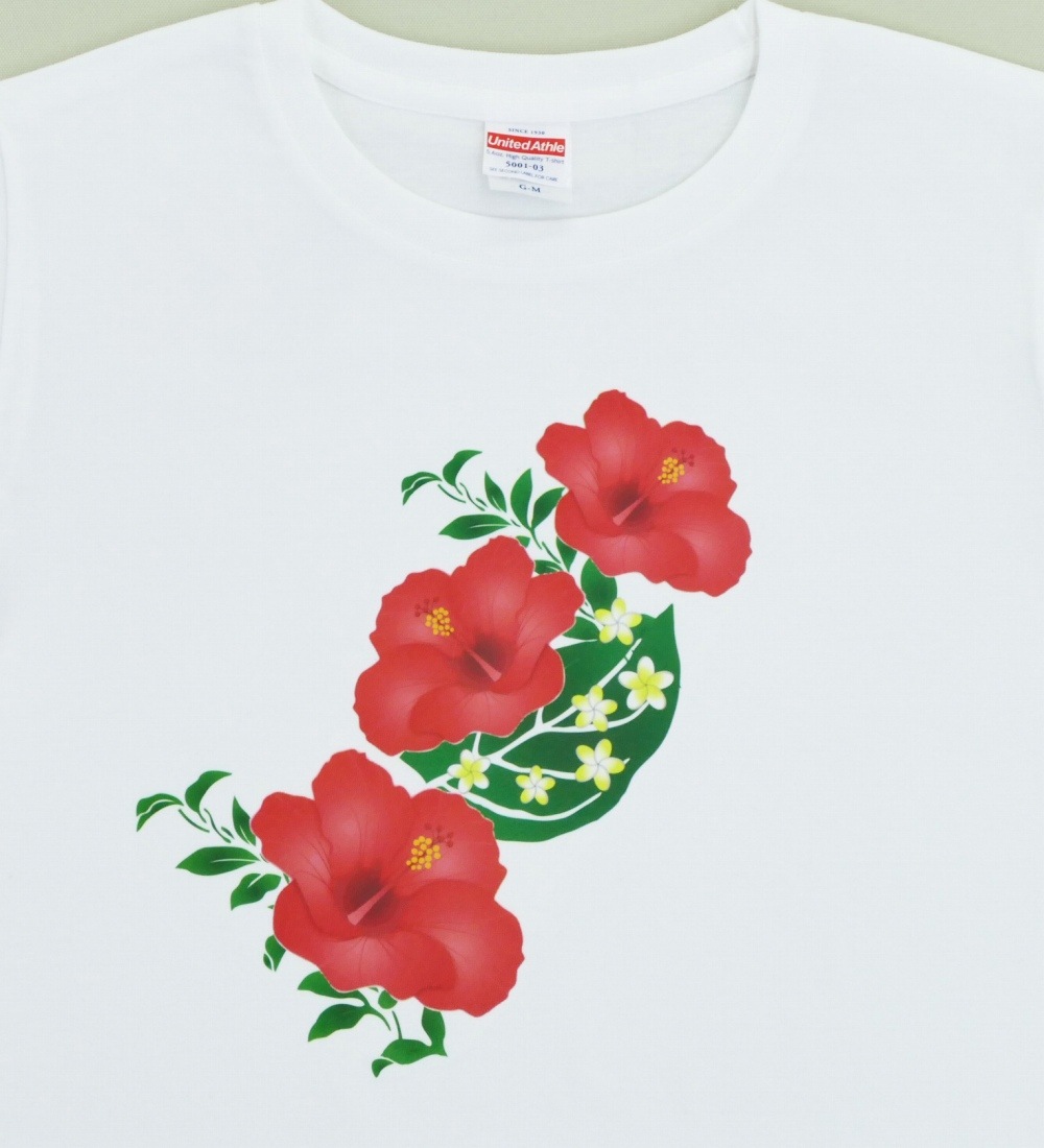 Tシャツ 3連ハイビスカス プリント ホワイト 519w