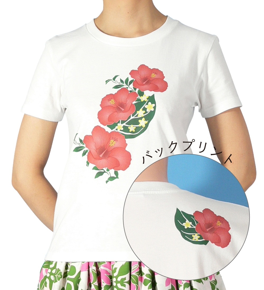 Tシャツ 3連ハイビスカス プリント ホワイト 519w