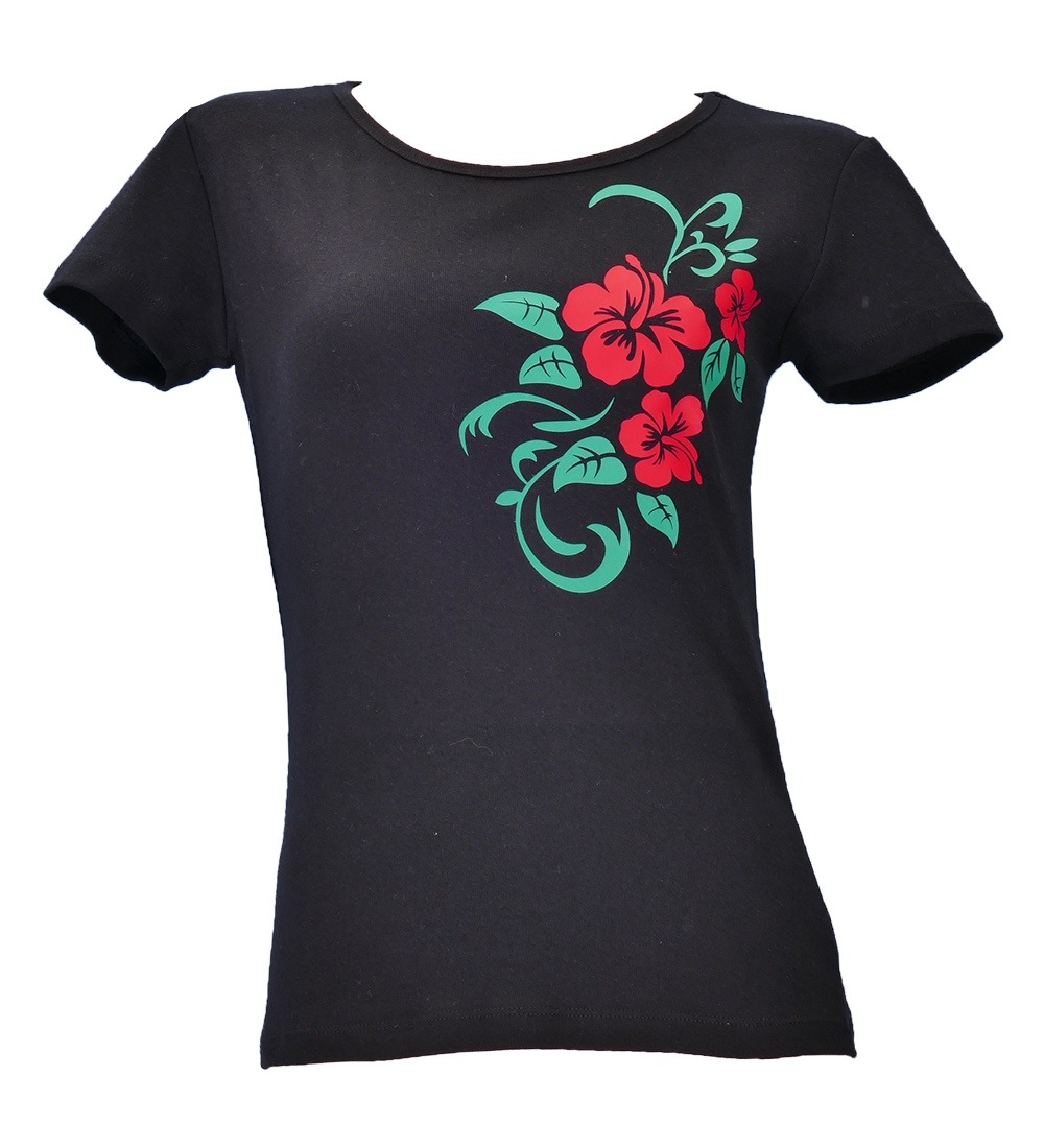 ストレッチTシャツ ハイビスカス レッド×グリーン(ブラック)TC10rgrb