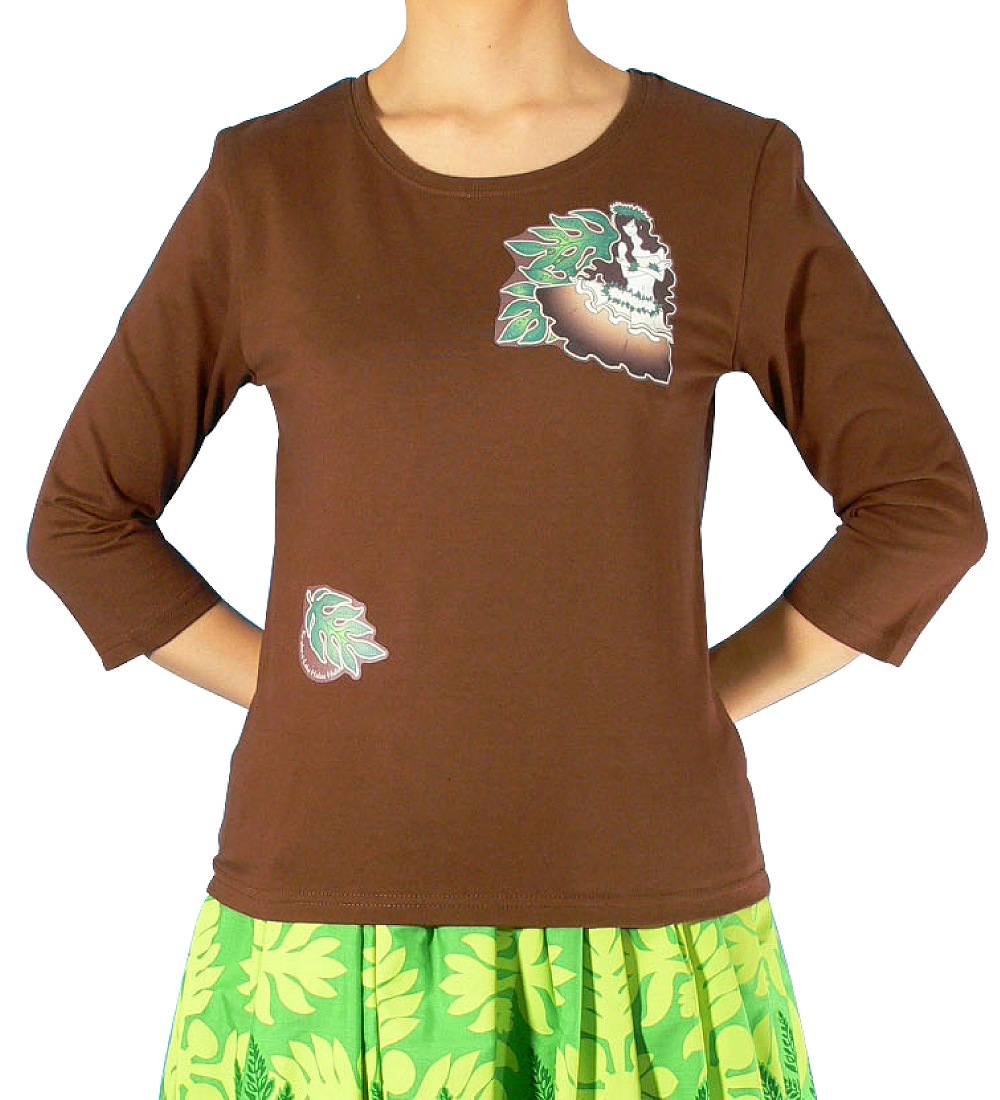 7分袖Tシャツ ヒイアカ プリント ブラウン 700br