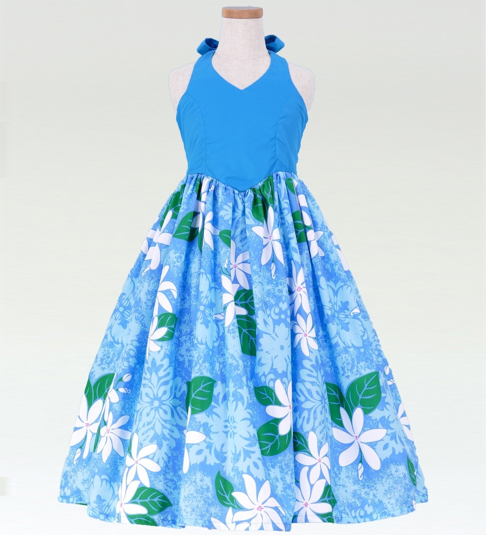 ハワイアンフラダンスホルターネックAラインドレス水色×茶 ハワイアンフラダンスホルターネックAラインドレス水色×茶 楽天市場