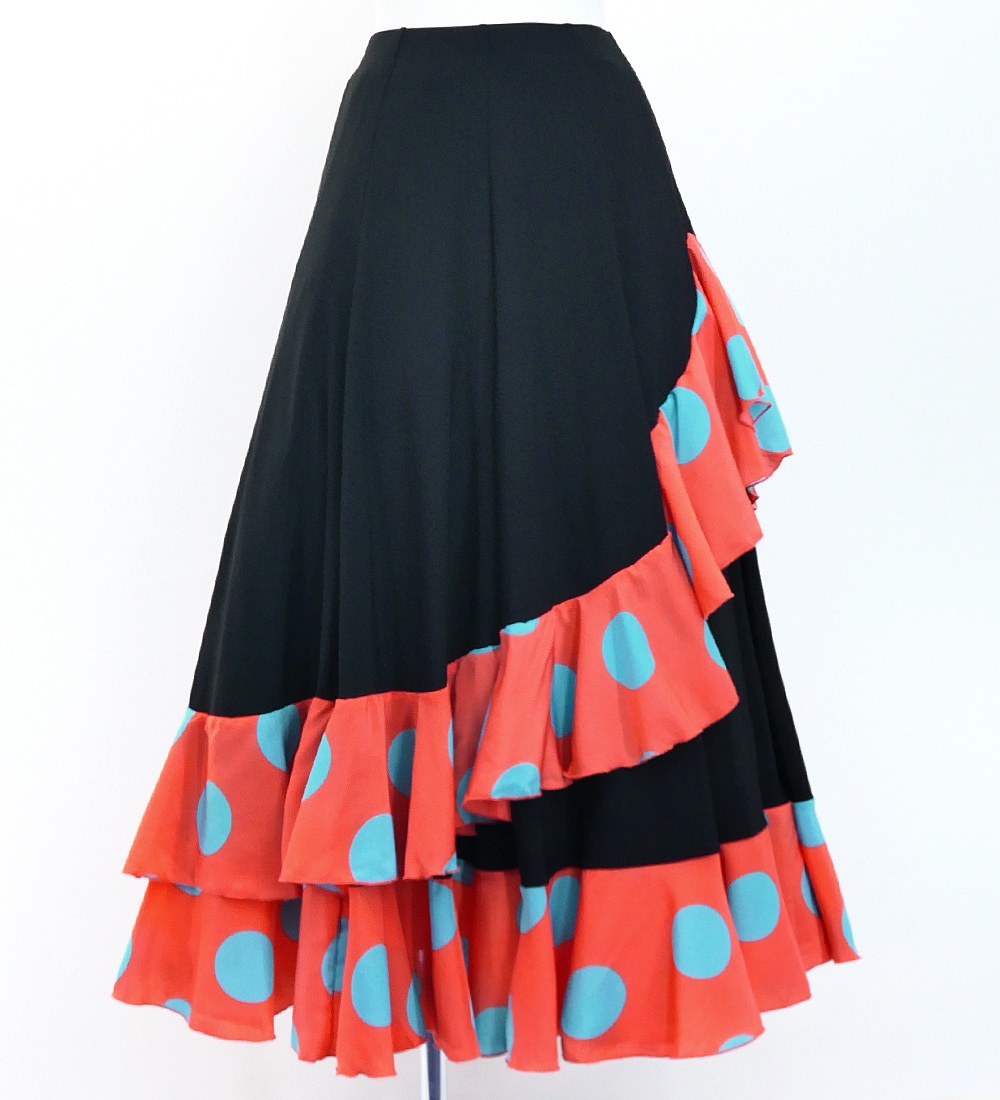 フラメンコ 　スカートファルダ　 ブラック花柄 ×水玉フリル　① フラメンコ 巻きスカート 花柄×水玉 オレンジ×イエローグリーン