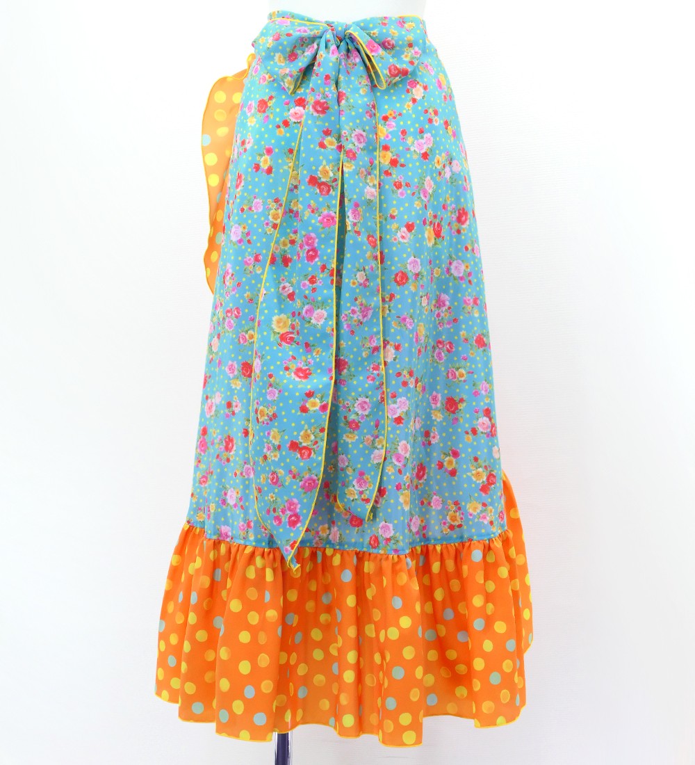 フラメンコ スカート 緑とオレンジのフリル フラメンコ 巻きスカート ローズ×水玉 グリーン×オレンジ F