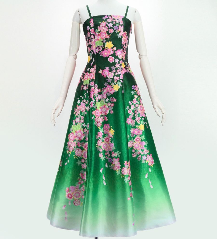 和柄ドレス ロング丈 桜 グリーン（緑） JW001gr kimono dress