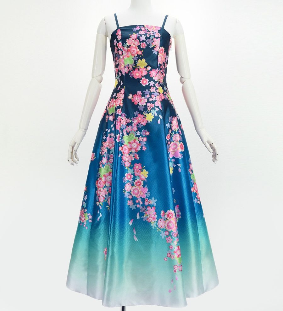 和柄ドレス ロング丈 桜 ブルー（青） JW001bl kimono dress japanese