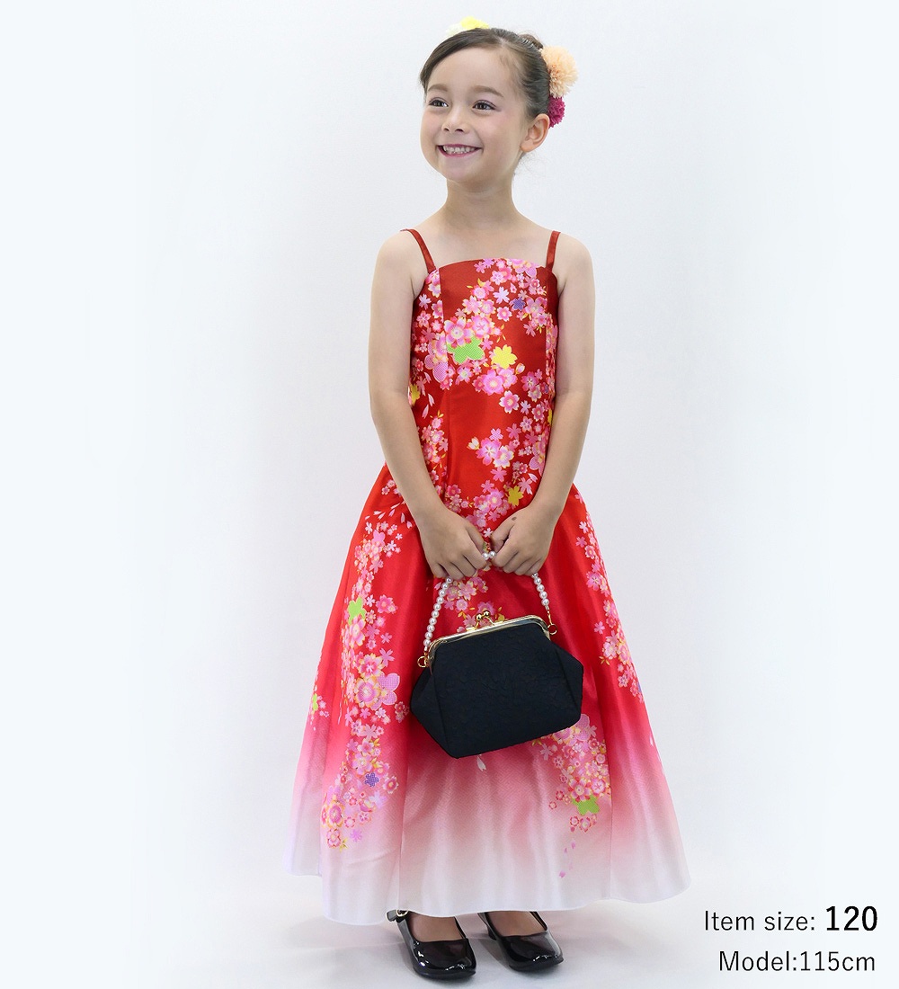 和柄ドレス キッズ ロング丈 桜 レッド（赤） JWp001rd kimono dress