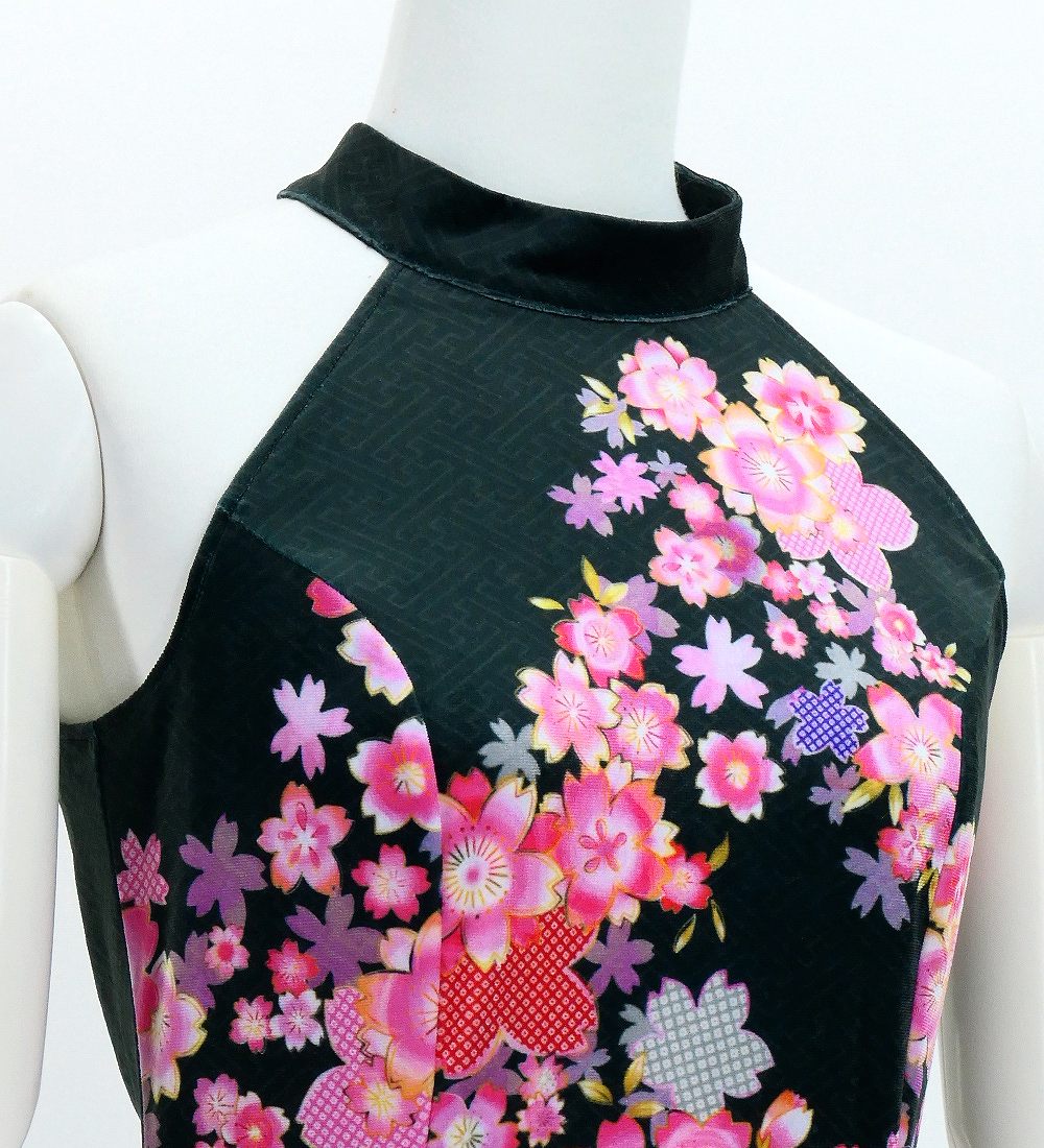 和柄ドレス ロング丈 アメリカンスリーブ 桜 ブラック（黒） JW002bk