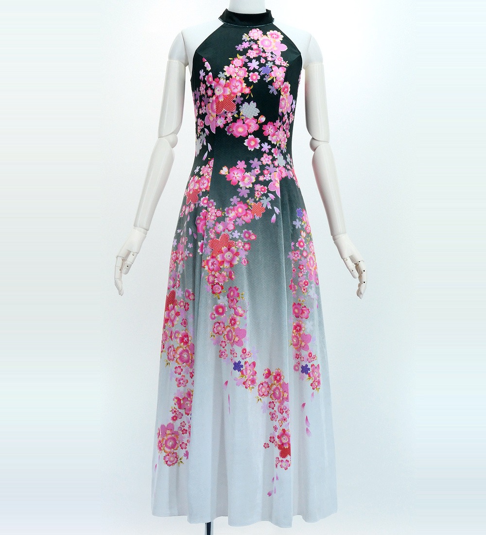 和柄ドレス ロング丈 アメリカンスリーブ 桜 ブラック（黒） JW002bk