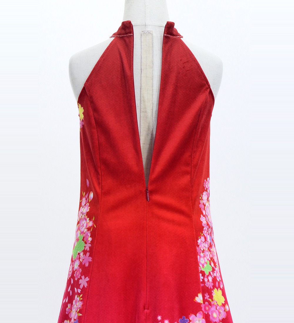 和柄ドレス キッズ ロング丈 アメリカンスリーブ 桜 レッド（赤