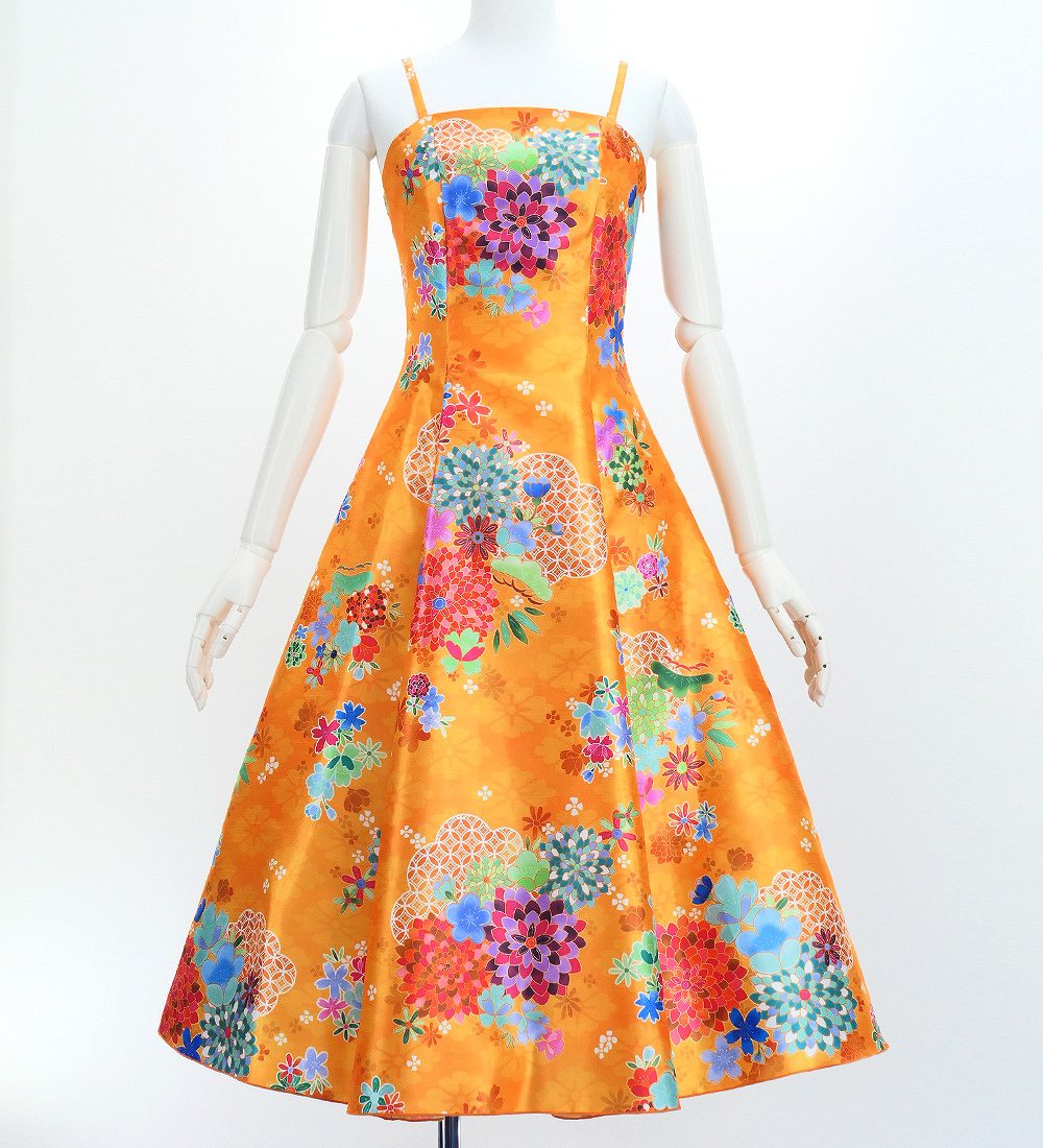 【 】袖なしフローラル スモックド ミディドレス 和柄ドレス ミディ丈 菊&梅&桜柄 オレンジ(橙) JW003or