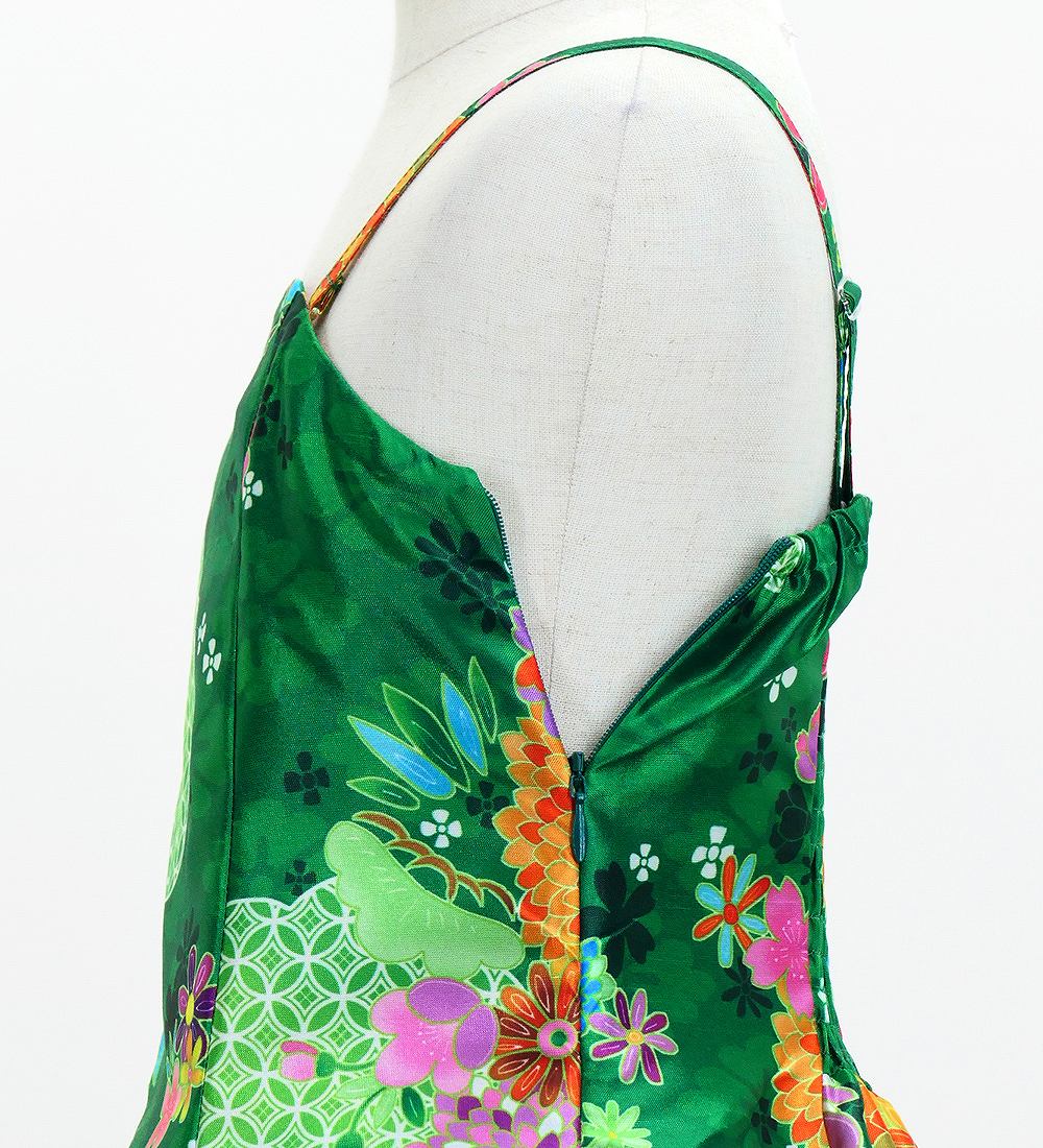 和柄ドレス キッズ ミディ丈 菊＆梅＆桜 グリーン（緑） JWp003gr