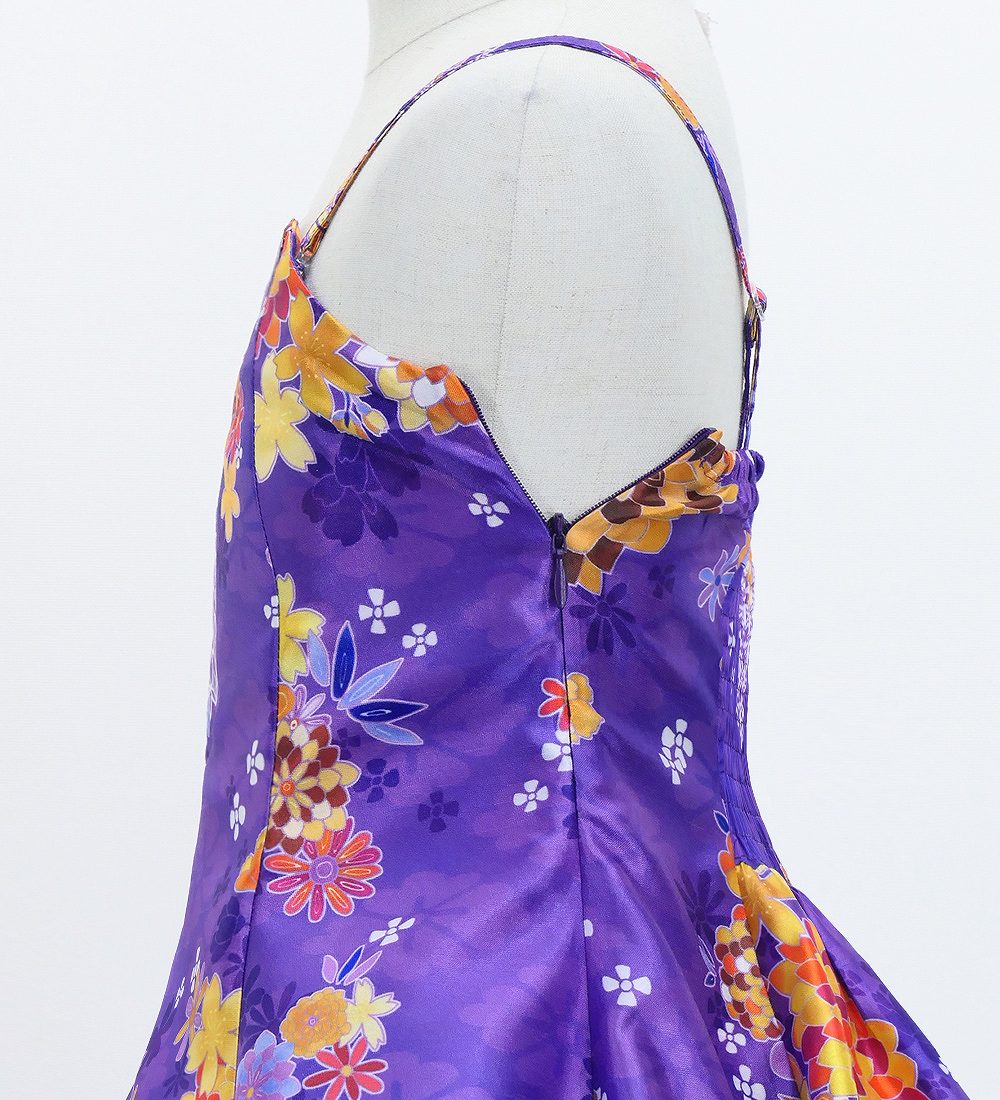 和柄ドレス キッズ ミディ丈 菊＆梅＆桜柄 パープル（紫） JWp003pu