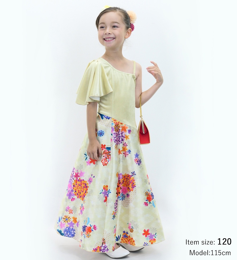 和柄ドレス キッズ ロング丈 ワンショルダー フリルスリーブ 菊＆梅 