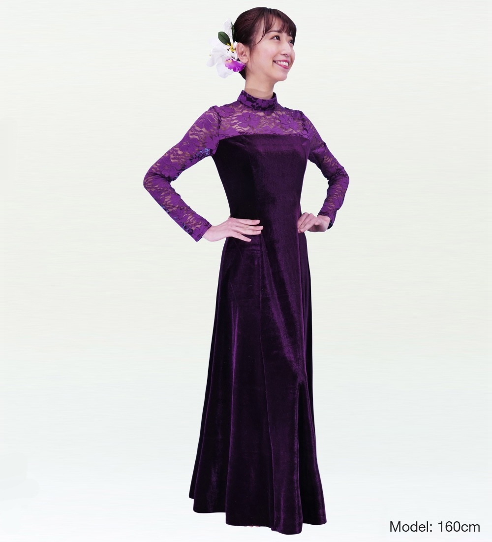 レースベルベットロング丈 ドレス パープル Lサイズ 2448puL