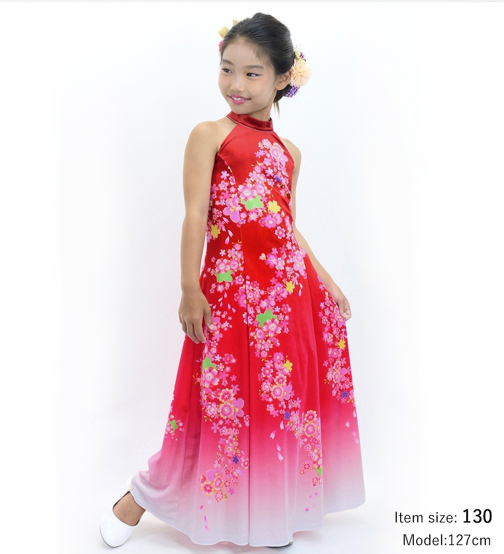 和柄ドレス キッズ ロング丈 アメリカンスリーブ 桜 レッド（赤