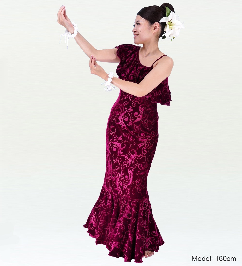 フラダンス ワンショルダー型押しベルベットドレス ロング丈 ルビー