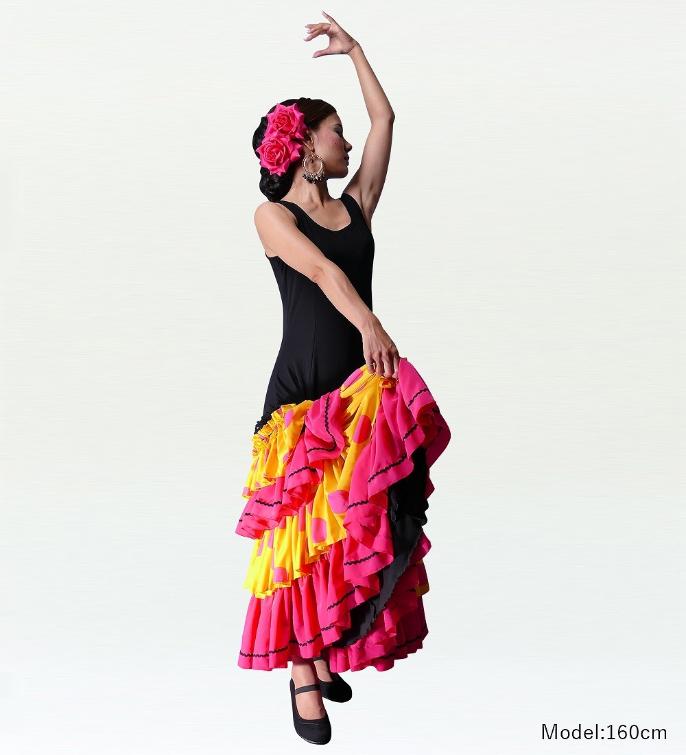 フラメンコ衣装 白と青の水玉模様 フリル付きロングワンピース